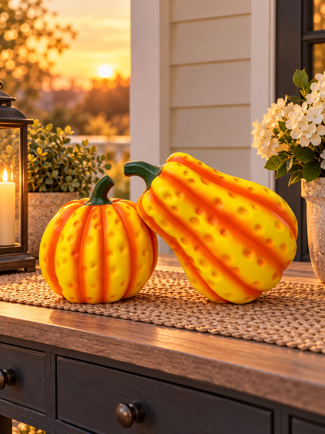 Dimpled yellow-orange pumpkin sculpture set on a porch at sunset