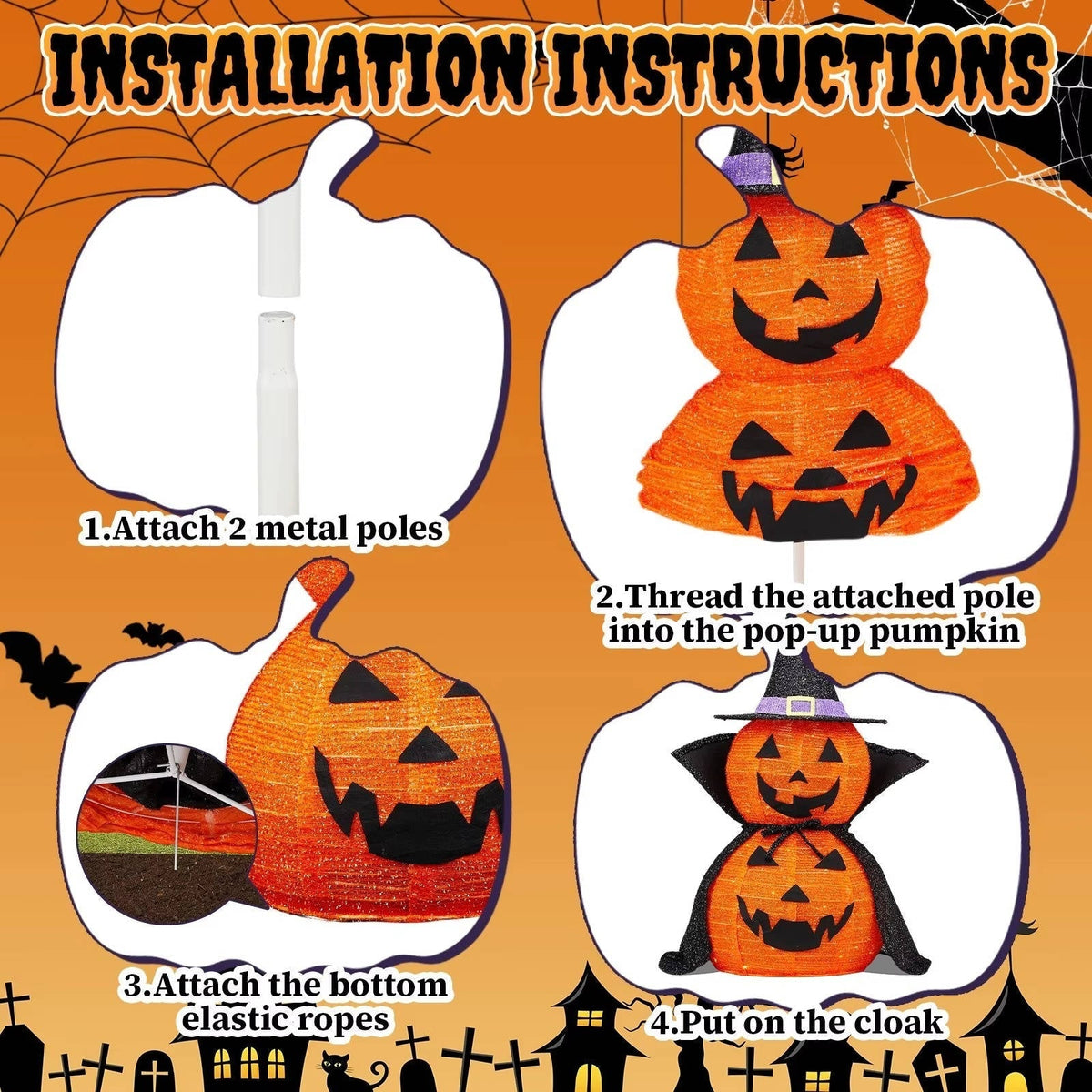 Halloween Pumpkins 3 ft 2 Pack, Lighted Pumpkin Decorations with Hat and Cape, Collapsible Giant Pumpkin Halloween Decorations Outdoor