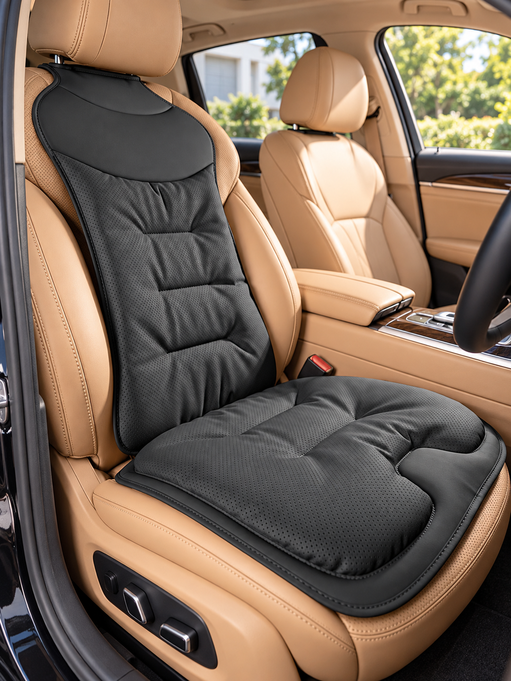 Black ergonomic car seat cushion installed in a tan leather sedan