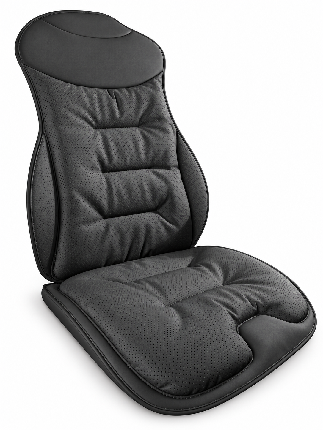 Black ergonomic car seat and lumbar cushion on a white background