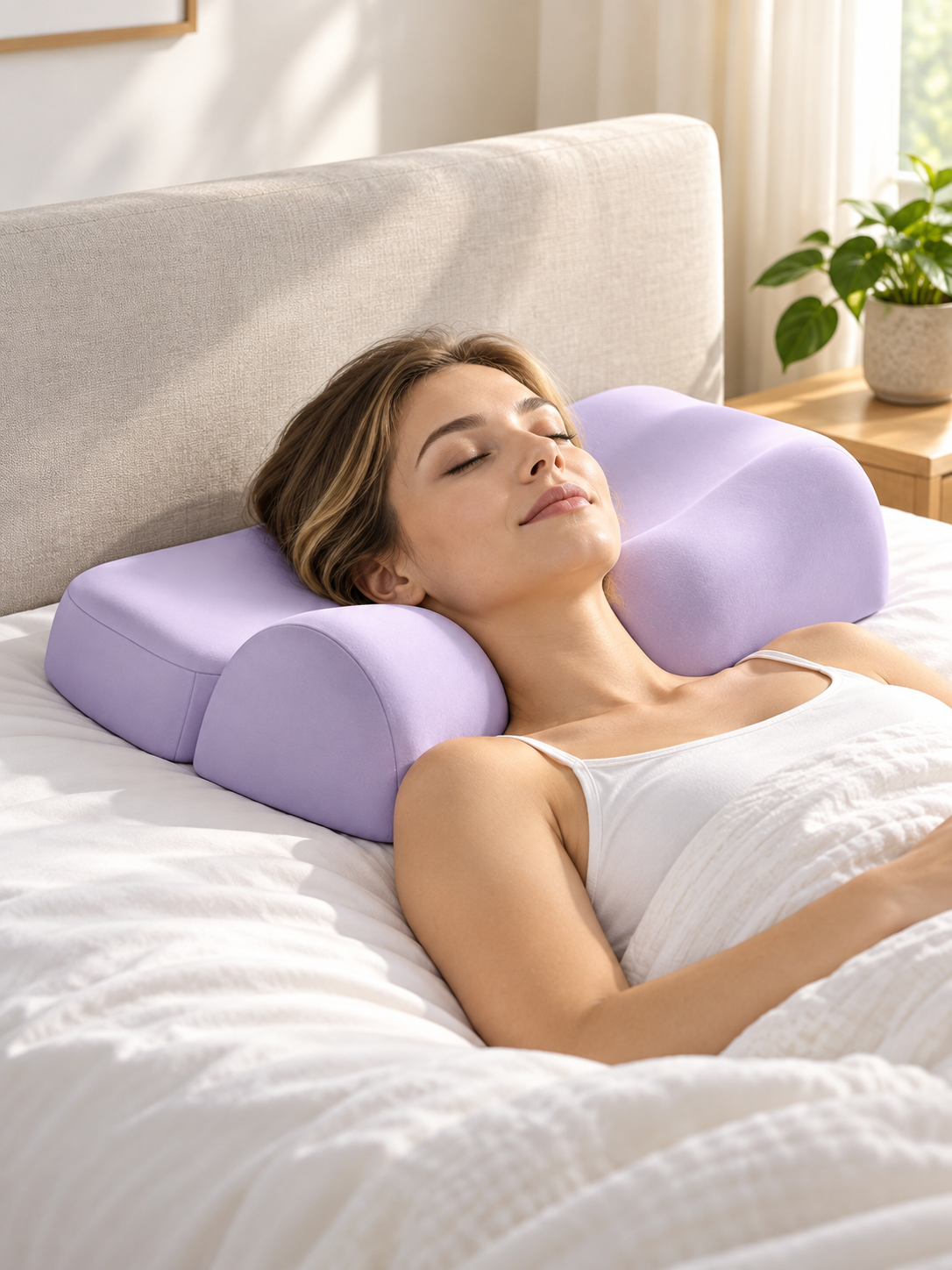 Lavender ergonomic contour pillow supporting a back sleeper in a bright bedroom