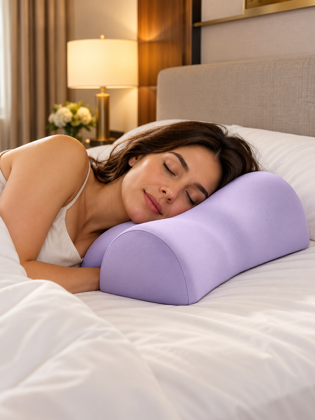 Lavender ergonomic contour pillow supporting a side sleeper in a warm hotel room