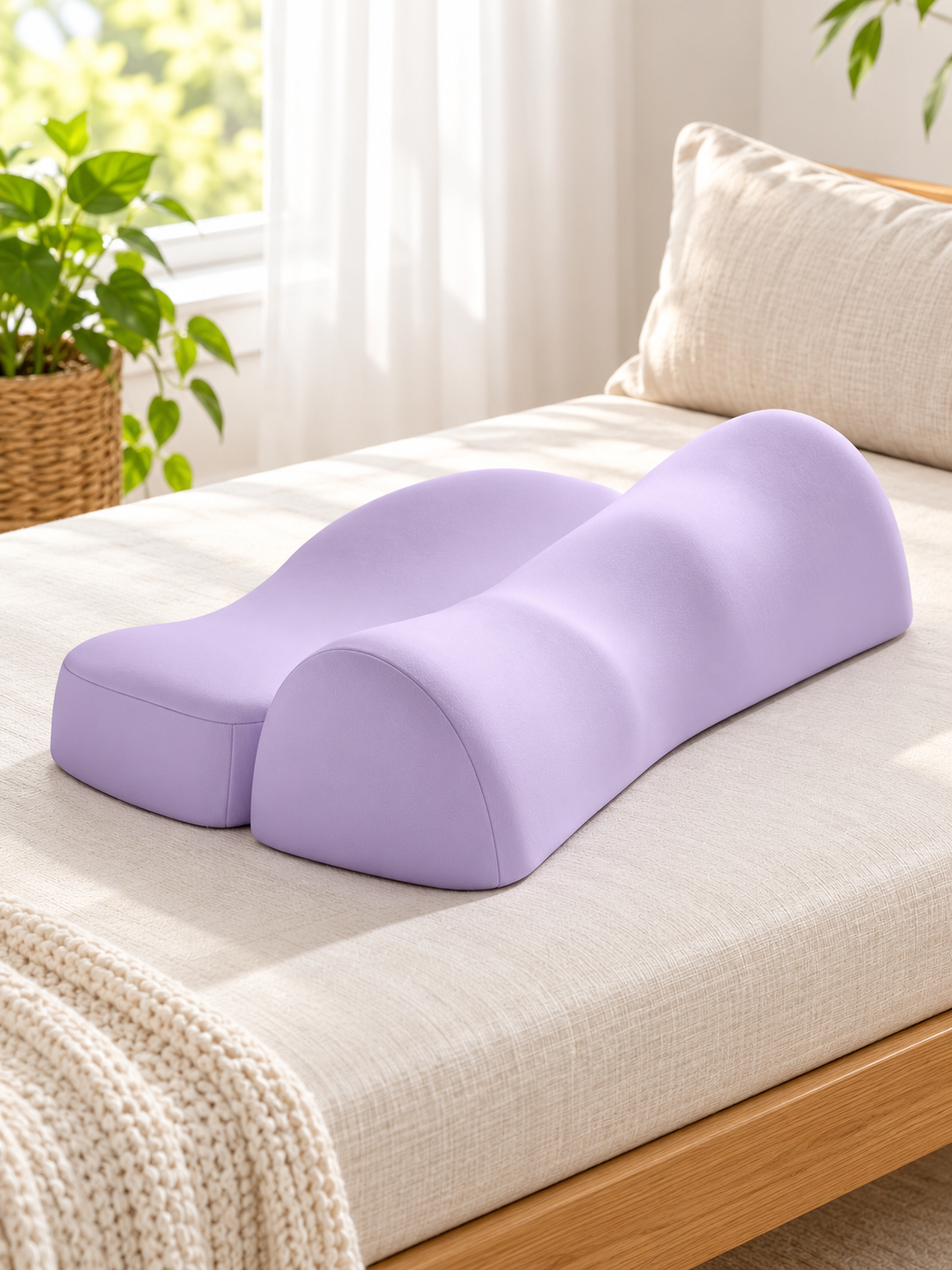 Lavender ergonomic contour pillow displayed on a bright wellness-room daybed
