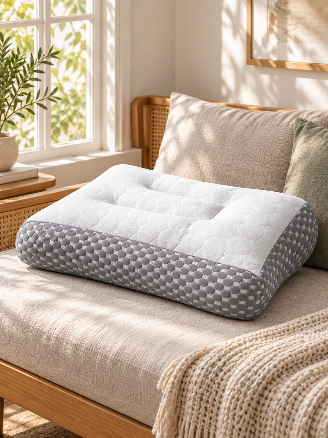 White and gray ergonomic pillow displayed on a sunlit reading-room daybed