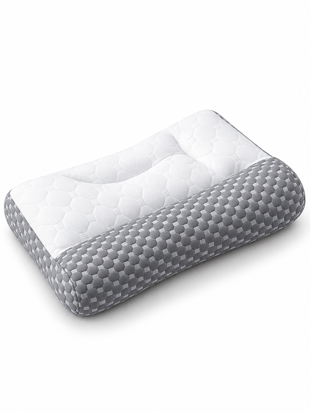 White and gray ergonomic home sleep pillow on a seamless white background