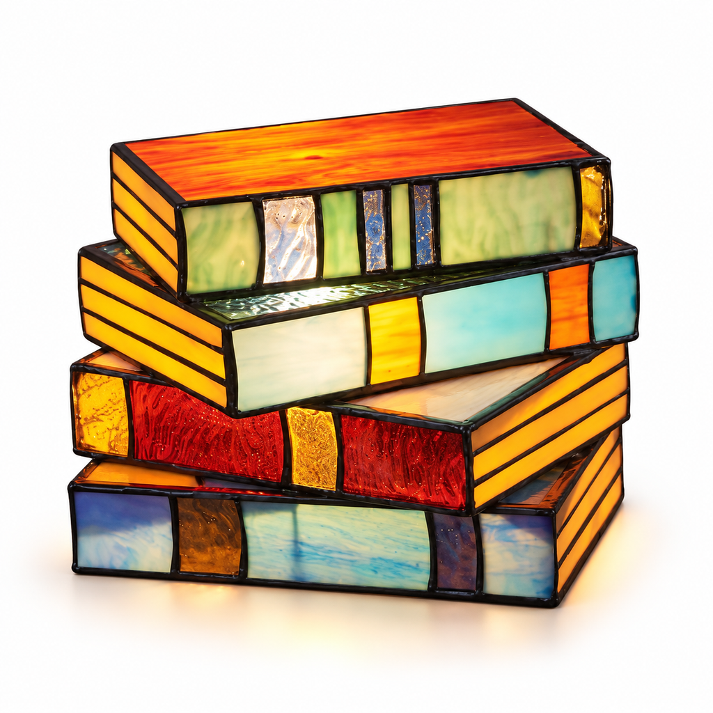 Stained glass book lamp product image on white background