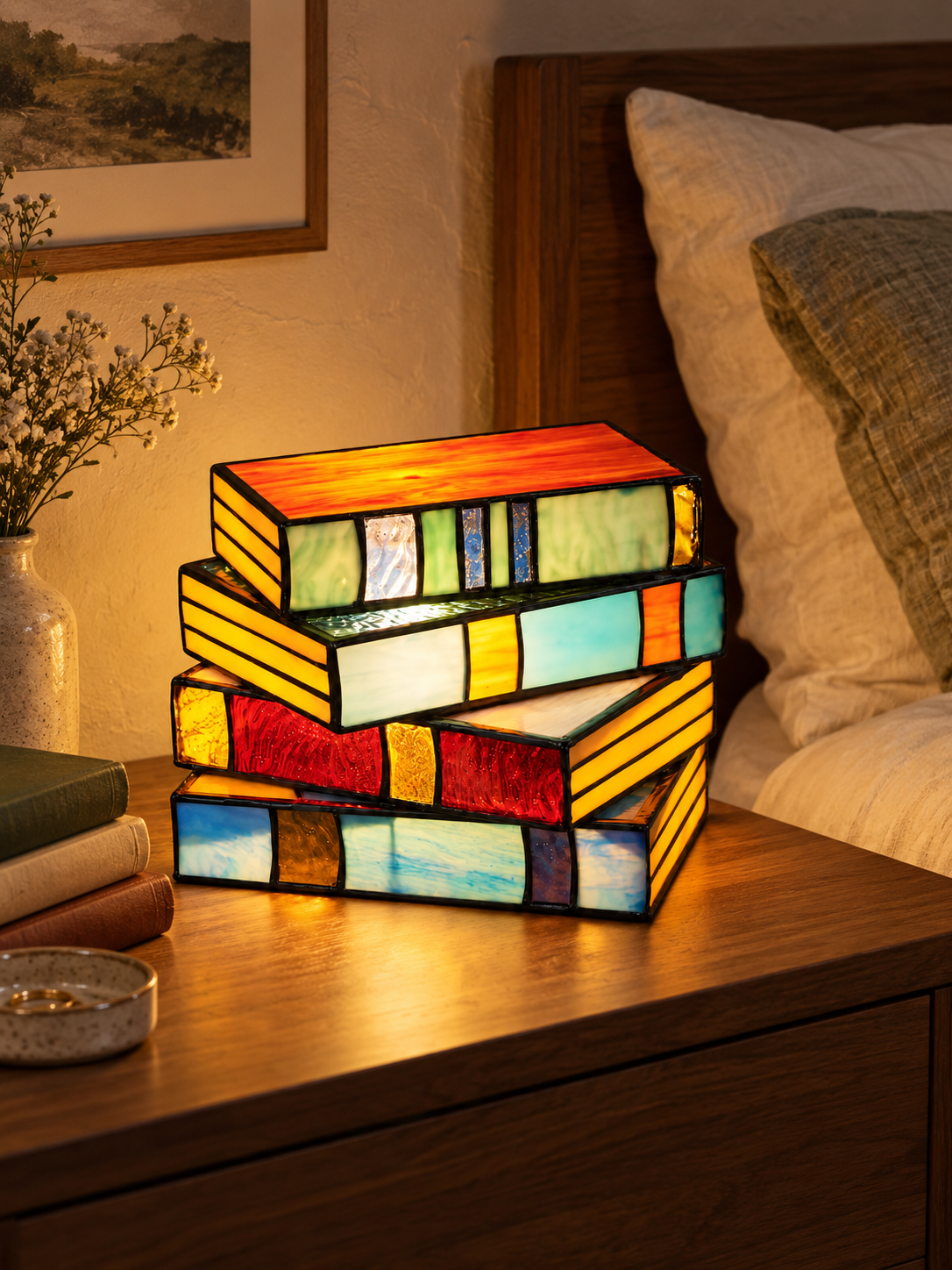 Stained glass book lamp on bedside table