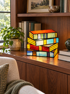Stained glass book lamp in home library