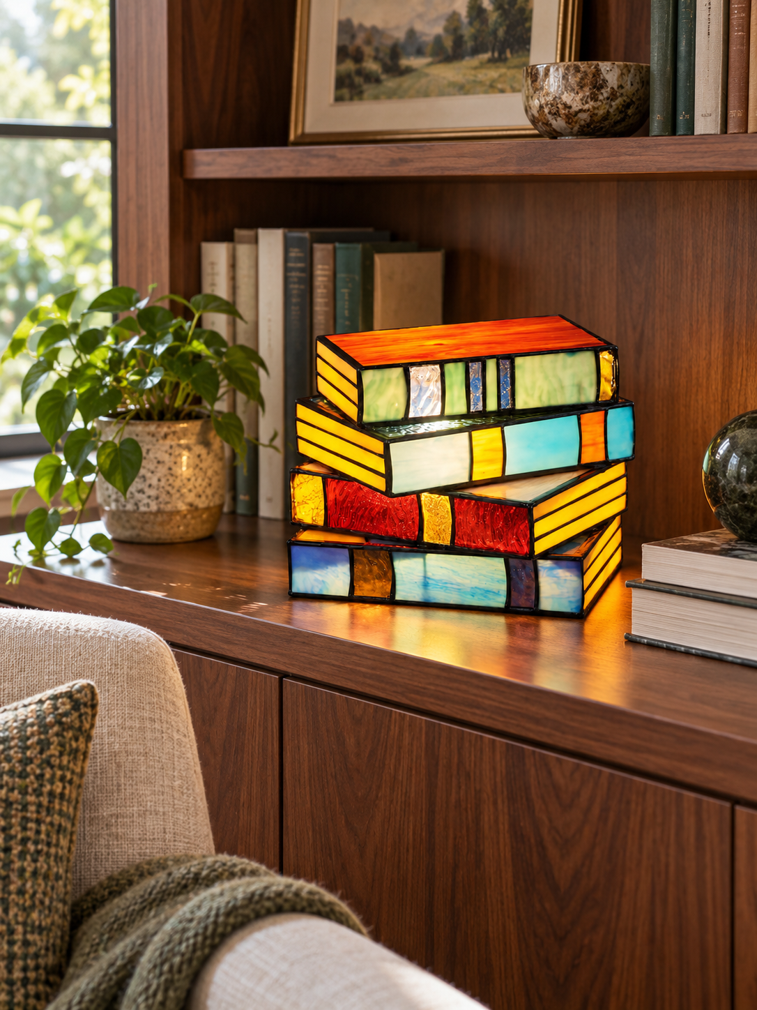 Stained glass book lamp in home library
