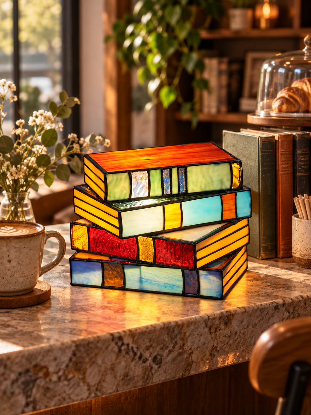 Stained glass book lamp in boutique reading cafe