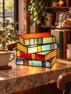 Stained glass book lamp in boutique reading cafe