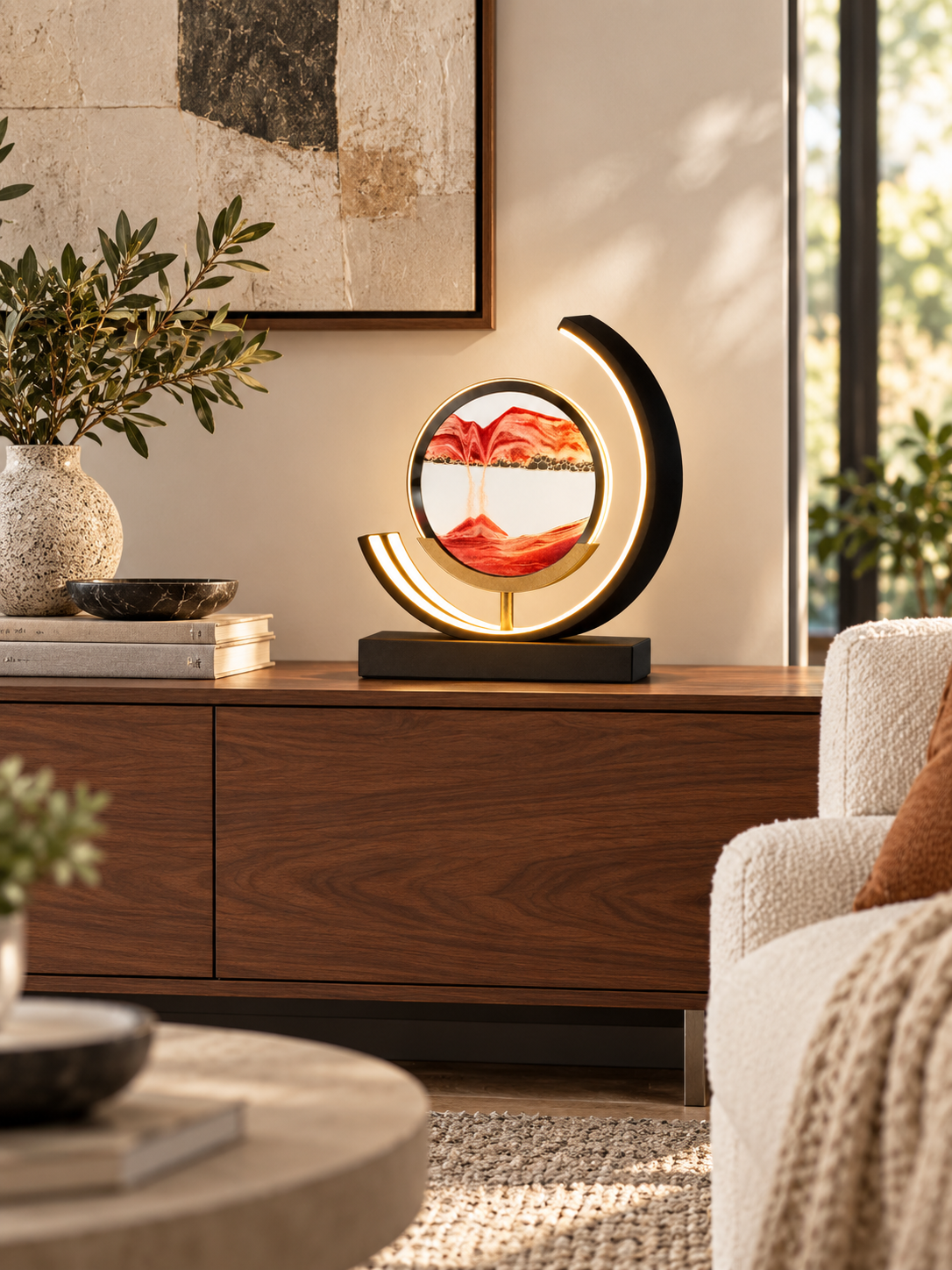 Sandlight Quicksand LED table lamp on living room sideboard