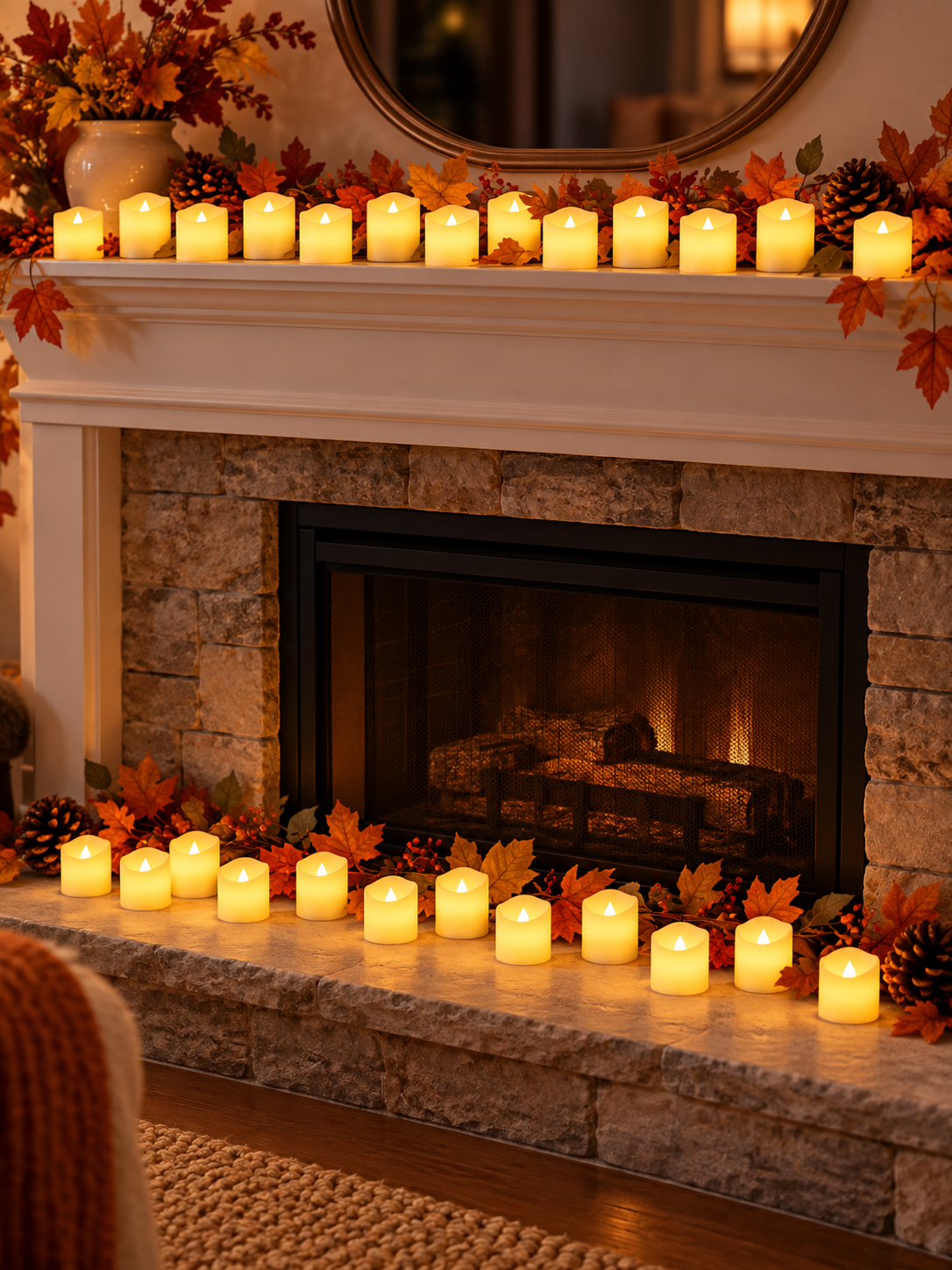 Warm white flameless LED candles decorating an autumn fireplace