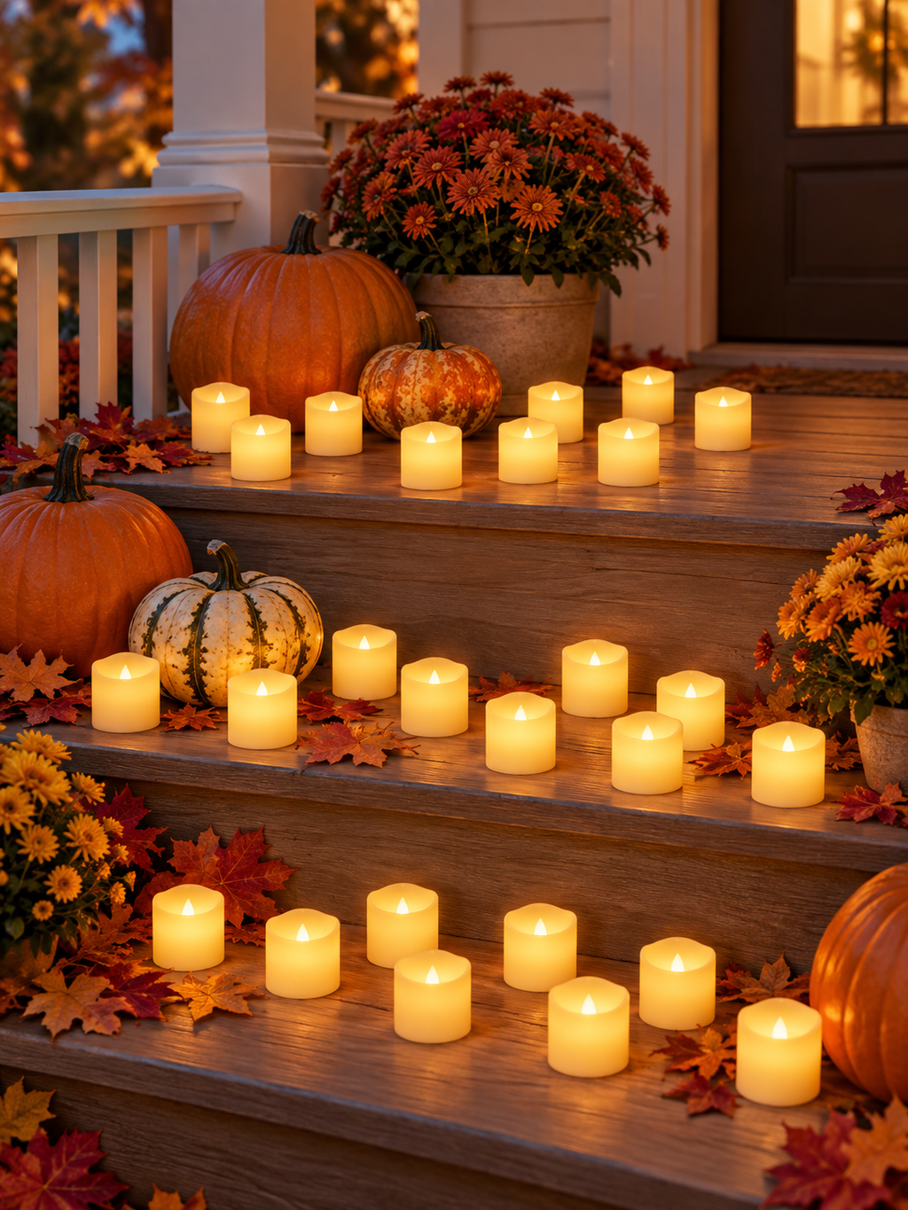 Warm white flameless LED candles arranged on a covered porch