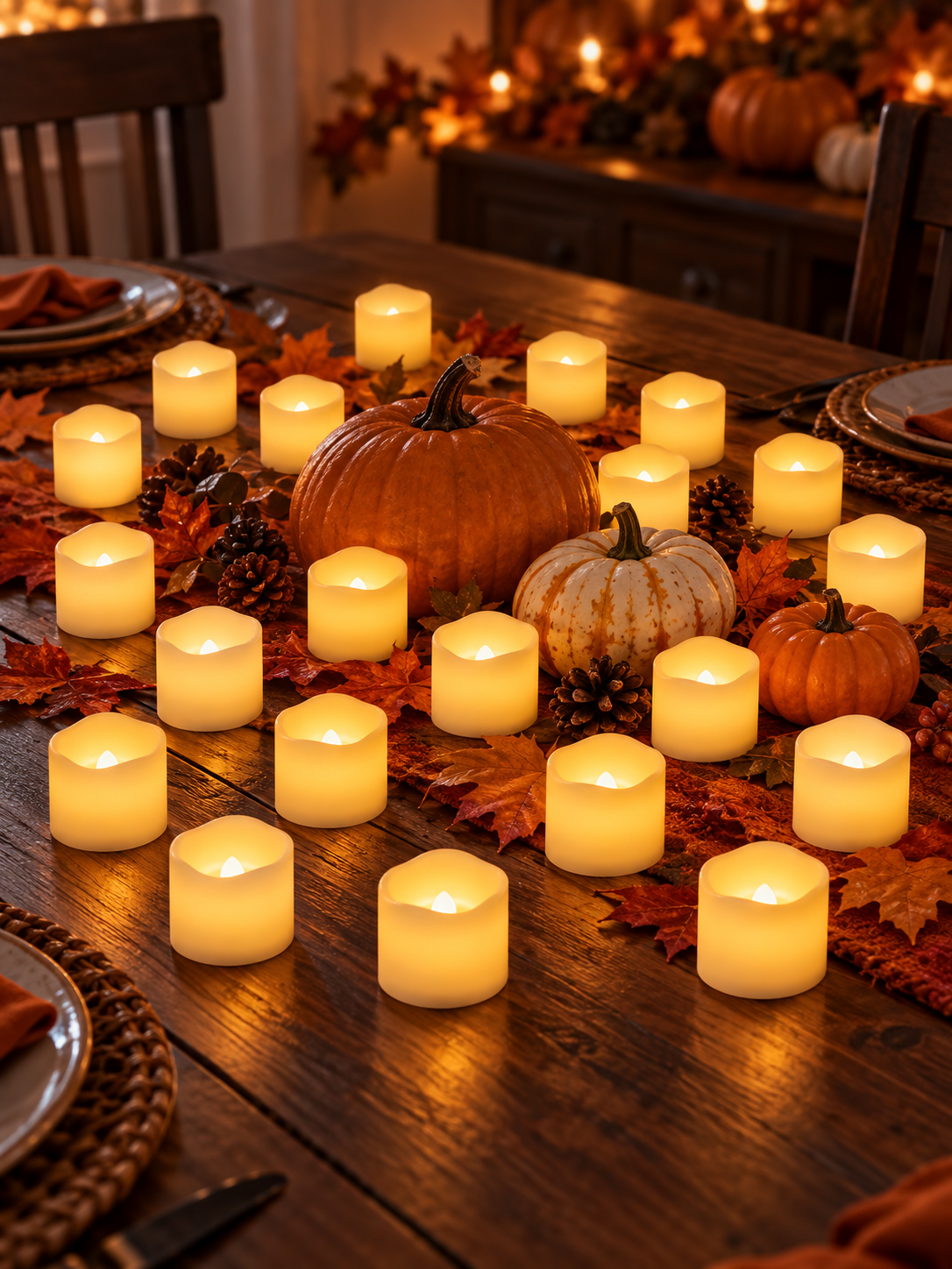 Warm white flameless LED candles on an autumn Halloween dining table