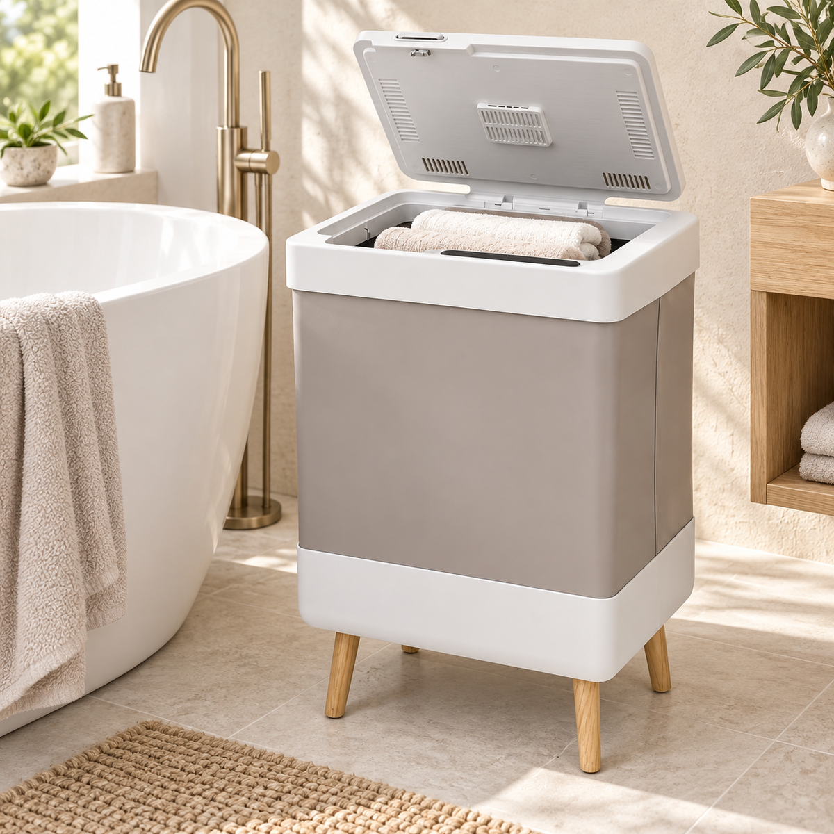 Foldable towel warmer bucket open with towels in a Scandinavian bathroom