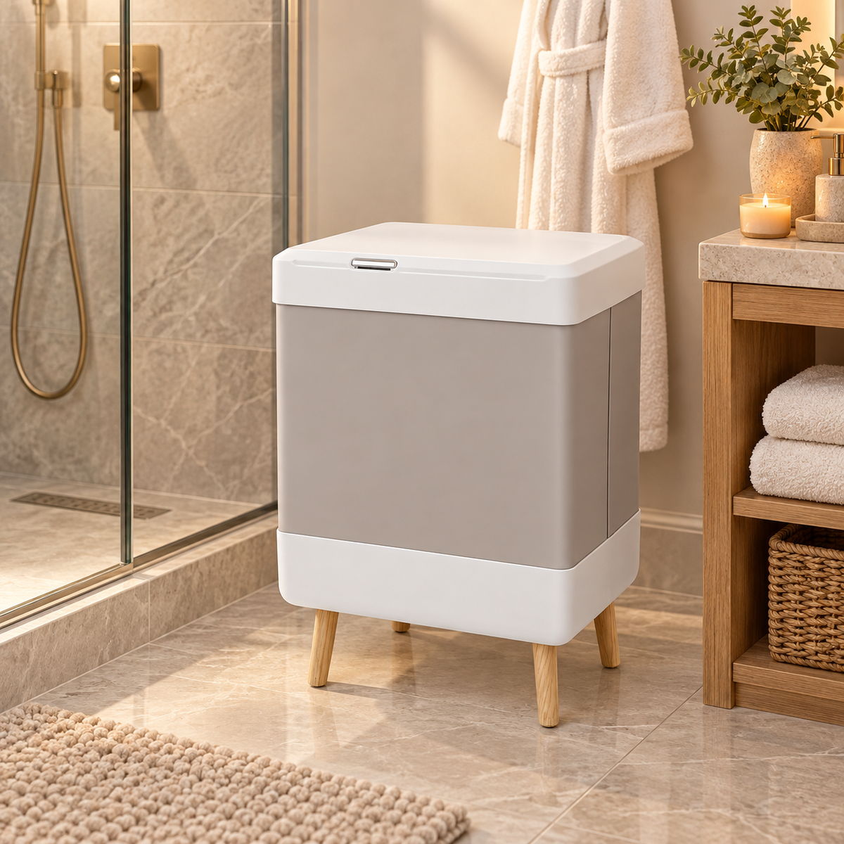 Foldable towel warmer bucket beside a modern shower