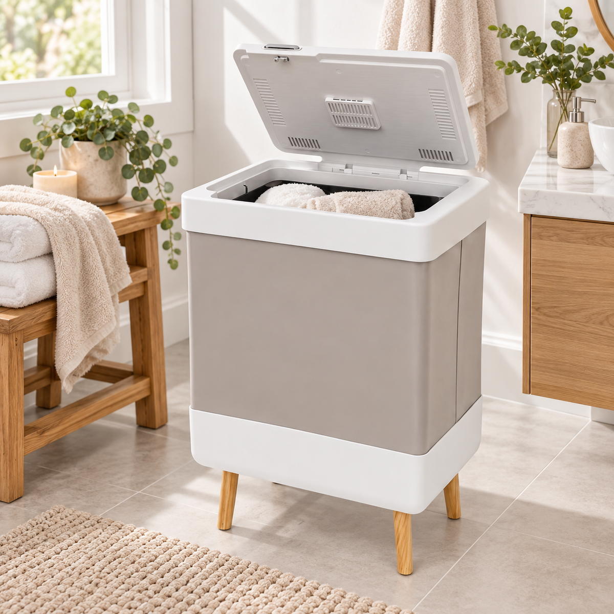 Foldable towel warmer bucket in a bright family bathroom
