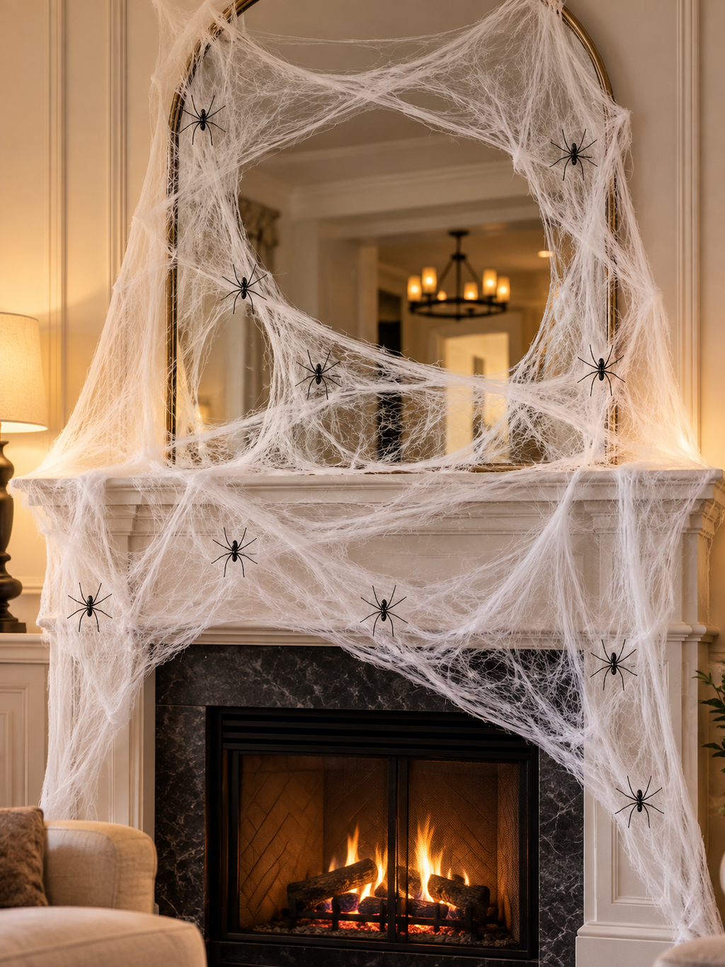 White Halloween spider web with nine black spiders across a fireplace mantel