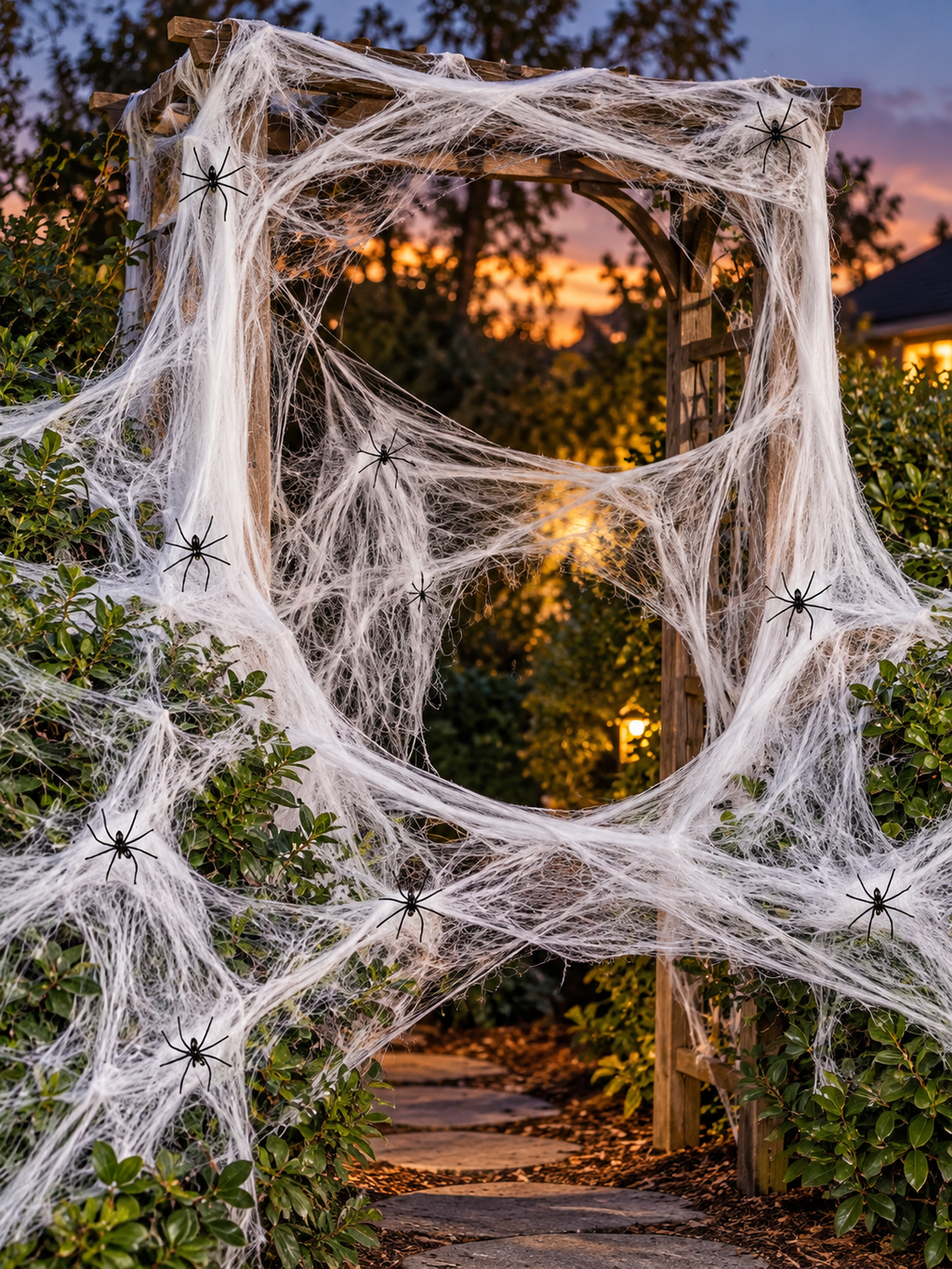 White Halloween spider web with nine black spiders across a garden arch