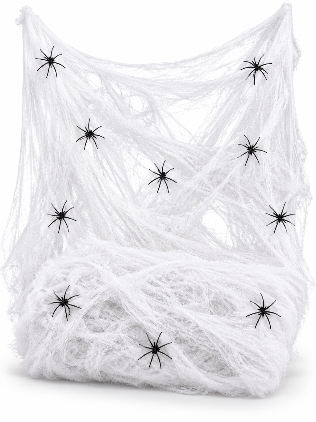 White stretchable Halloween spider web with nine black spiders on a seamless white background