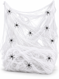 White stretchable Halloween spider web with nine black spiders on a seamless white background