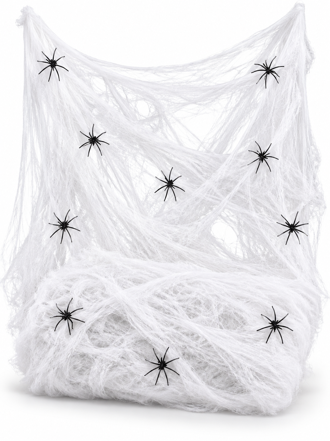 White stretchable Halloween spider web with nine black spiders on a seamless white background