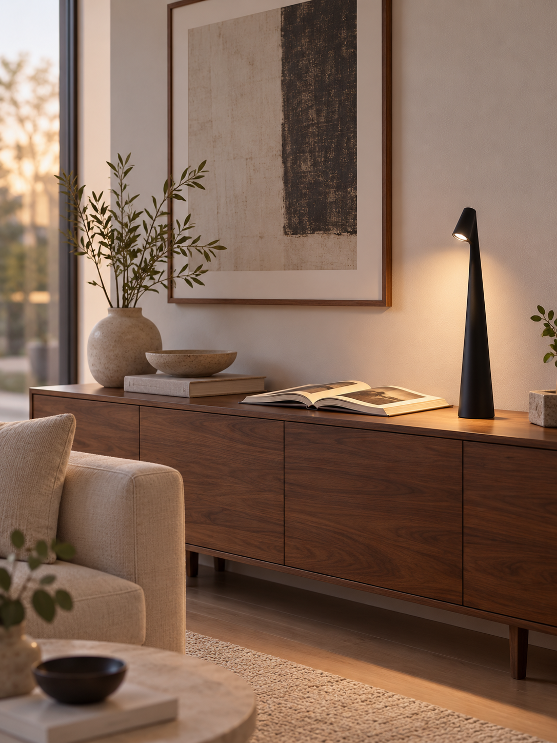 Black rechargeable LED table lamp on a walnut living room sideboard
