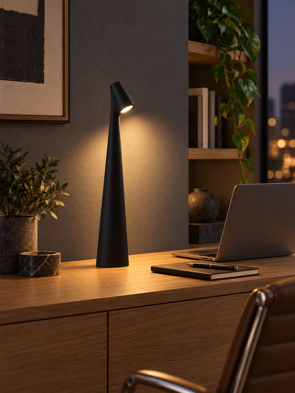 Black rechargeable LED table lamp in a modern home office