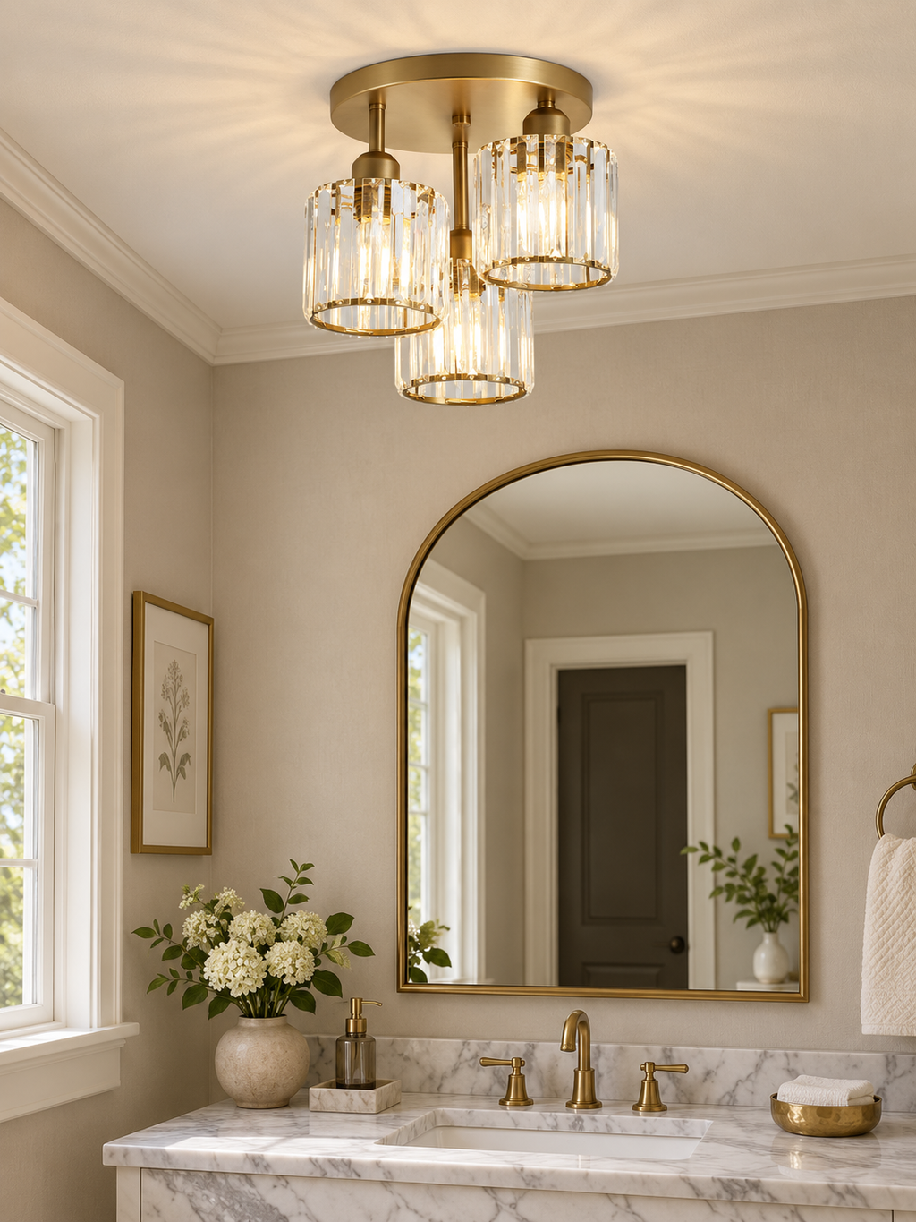 Gold three-light crystal ceiling fixture in a refined bathroom