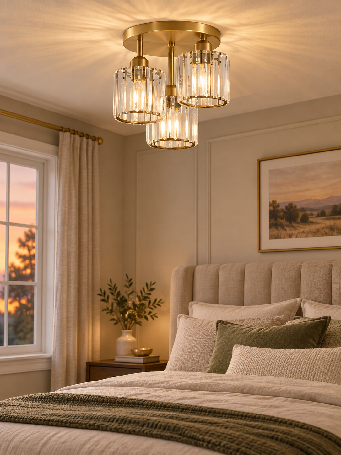 Gold three-light crystal ceiling fixture in a warm bedroom