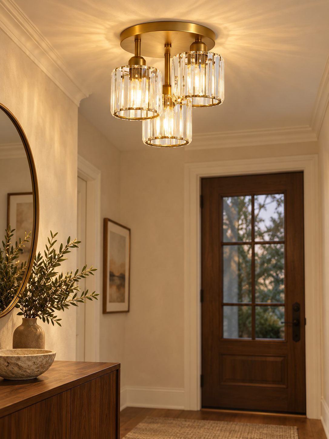 Gold three-light crystal ceiling fixture in an elegant foyer