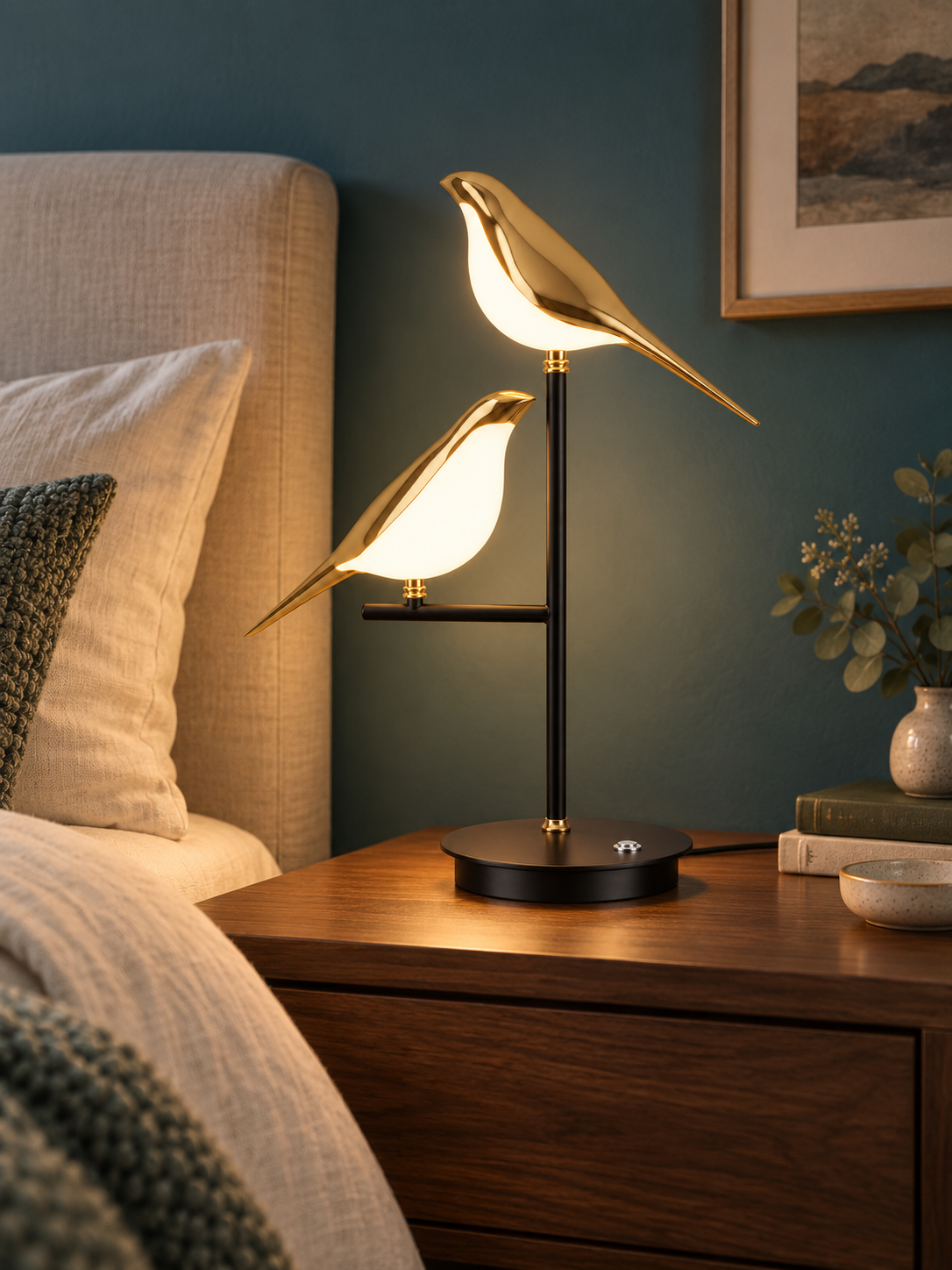 Gold two-bird LED table lamp on a bedroom nightstand