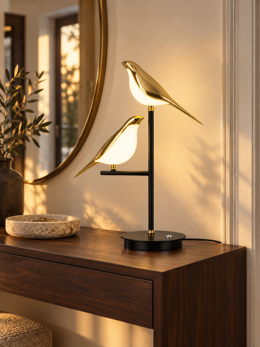 Gold two-bird LED table lamp on a modern entryway console