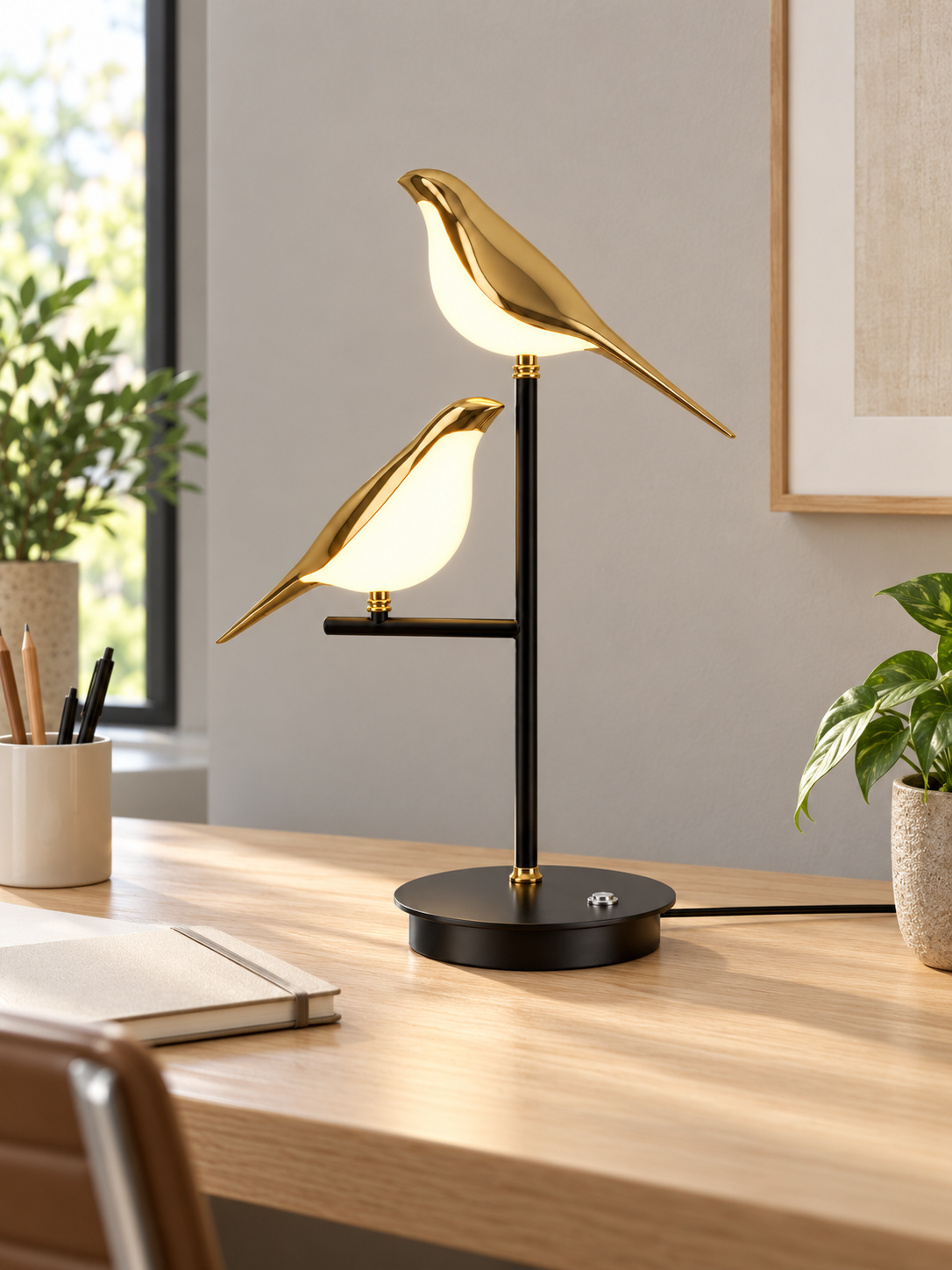 Gold two-bird LED table lamp on a bright home office desk