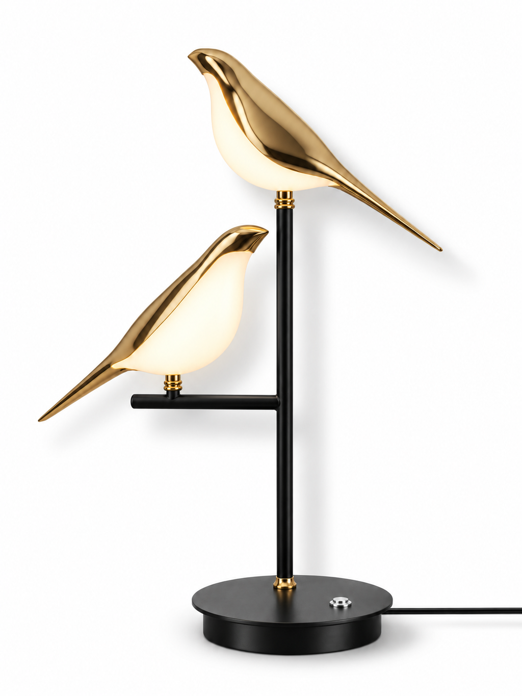 Gold two-bird LED table lamp with soft studio shadow on white background