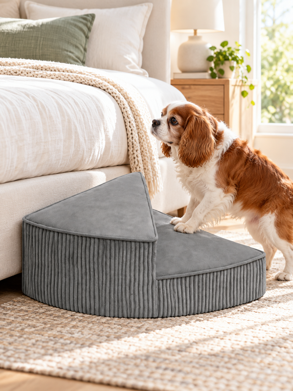 Small senior dog using gray corduroy foam stairs beside a bed