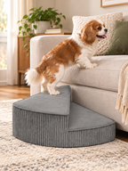 Small dog using gray corduroy foam stairs beside a sofa