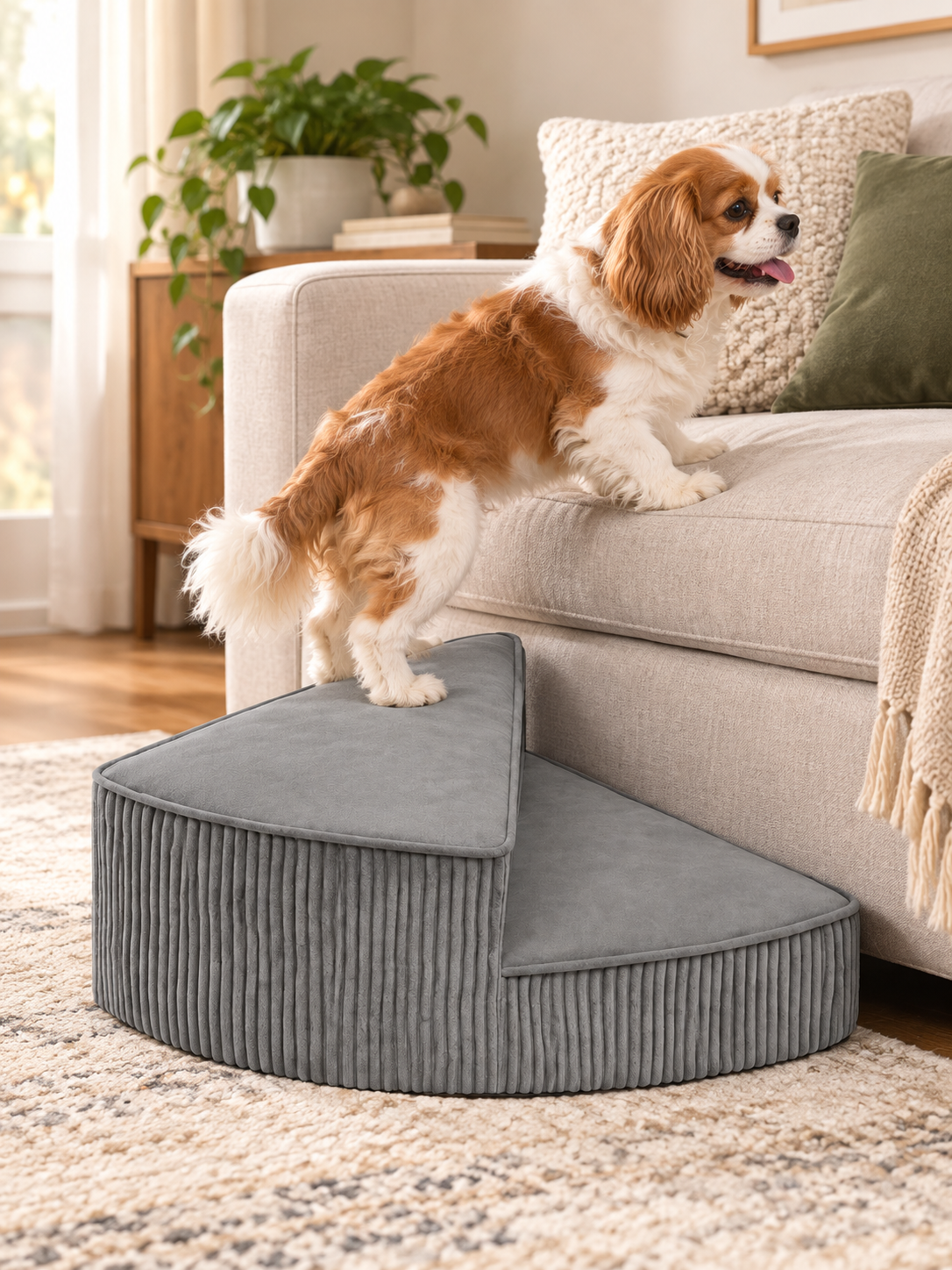 Small dog using gray corduroy foam stairs beside a sofa