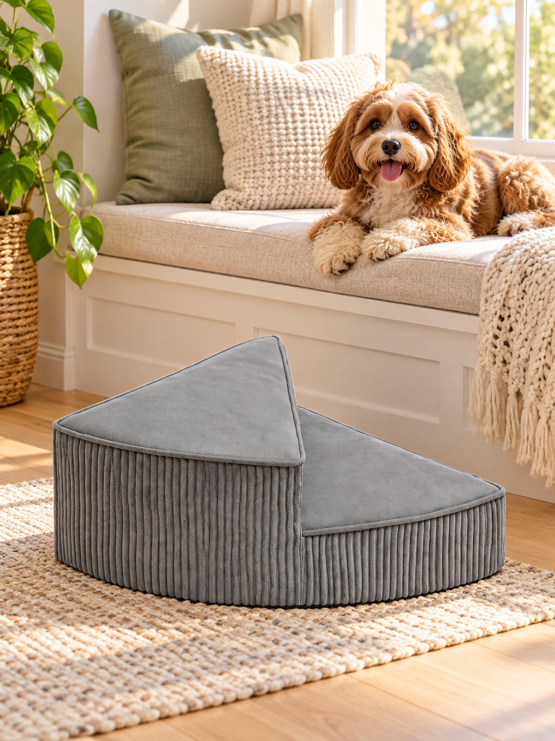 Gray corduroy foam dog stairs in a pet-friendly window nook