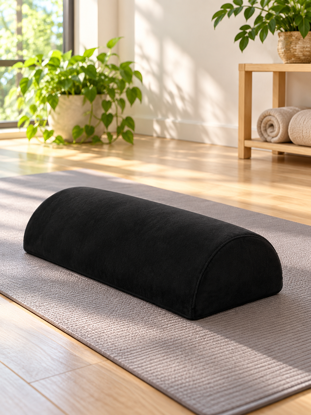 Black half-moon bolster pillow on a yoga mat in a serene stretching room