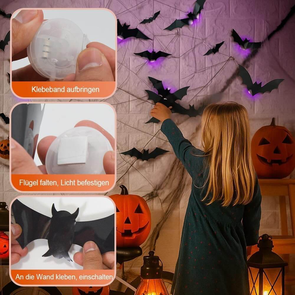 Halloween 3D Wall Decor 104 Pack, Halloween Bats Spiders and Ghost Decorations with LED Lights, Halloween Indoor Decor