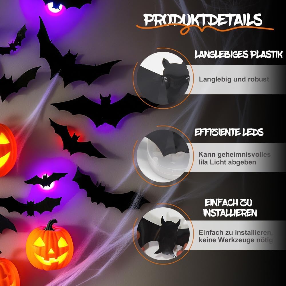 Halloween 3D Wall Decor 104 Pack, Halloween Bats Spiders and Ghost Decorations with LED Lights, Halloween Indoor Decor