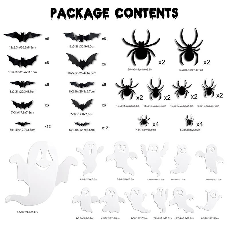 Halloween 3D Wall Decor 104 Pack, Halloween Bats Spiders and Ghost Decorations with LED Lights, Halloween Indoor Decor