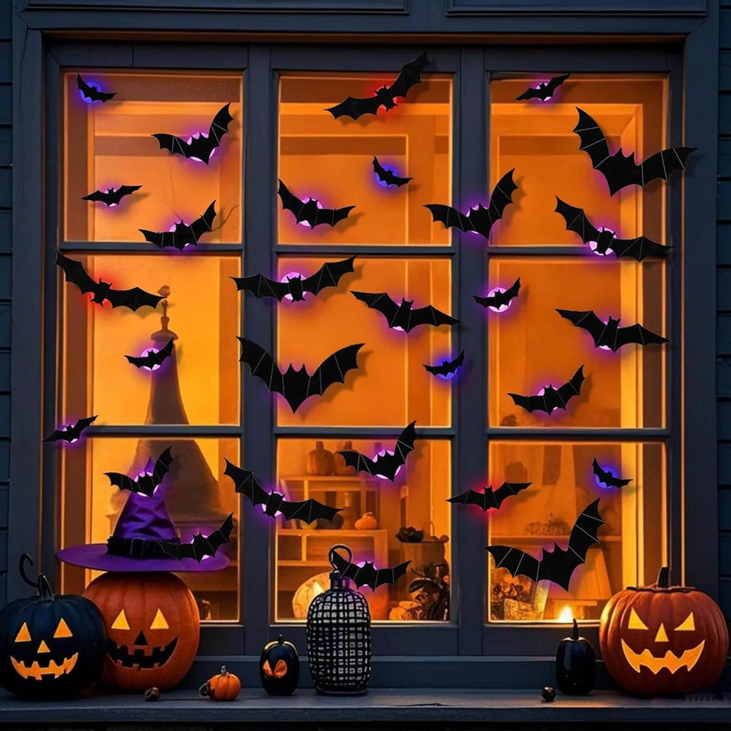 Halloween 3D Wall Decor 104 Pack, Halloween Bats Spiders and Ghost Decorations with LED Lights, Halloween Indoor Decor