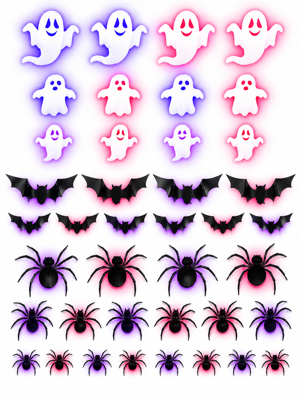 Halloween 3D wall decor set with glowing ghosts bats and spiders on a white background