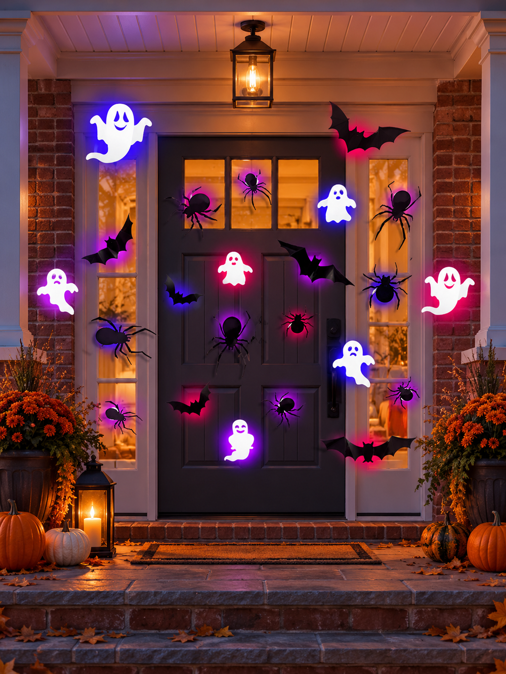 Glowing Halloween ghost bat and spider decorations around a front porch doorway
