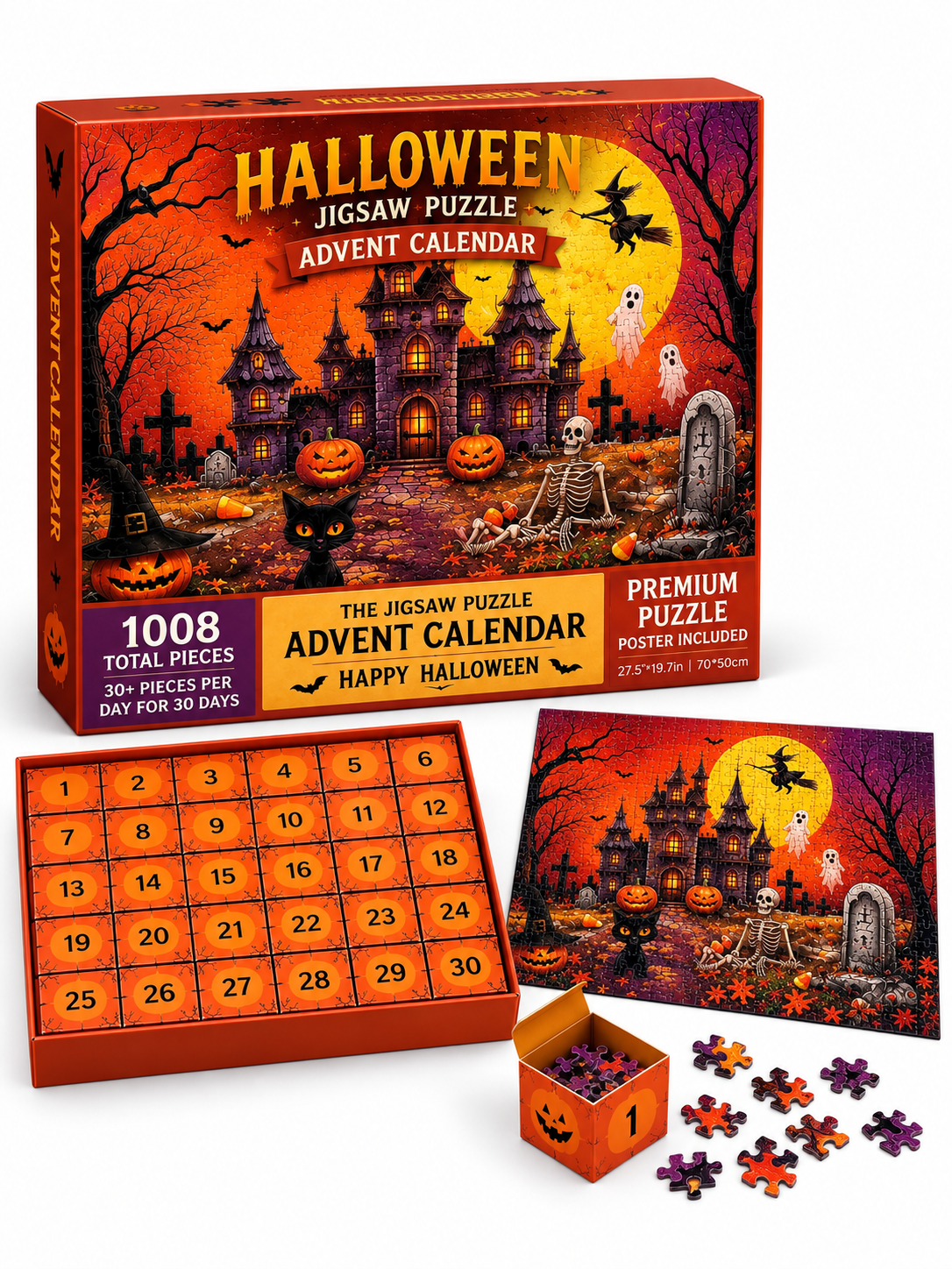Halloween advent calendar jigsaw puzzle set on a white background
