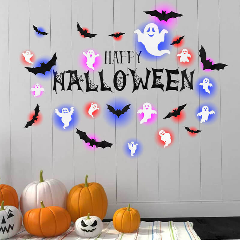 Halloween 3D Wall Decor 104 Pack, Halloween Bats Spiders and Ghost Decorations with LED Lights, Halloween Indoor Decor