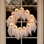 Halloween Wreath with Lights, Ghost Wreath with 12 Battery Operated LED Ghosts, Halloween Front Door Decor, Halloween Window Decor